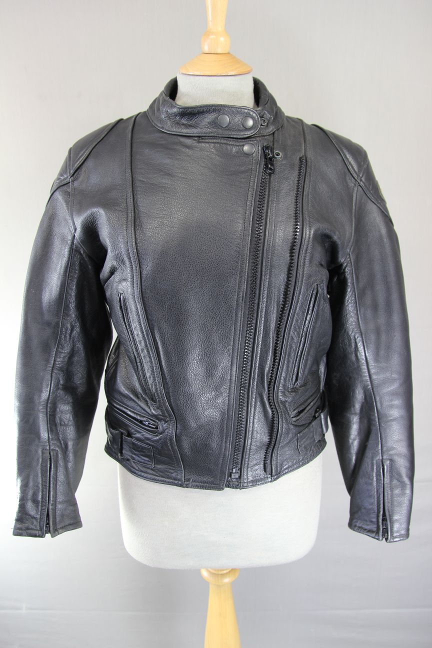 RED KITE BLACK LEATHER BIKER JACKET + BACK, SHOULDER & ELBOW CE ARMOUR: SIZE 12