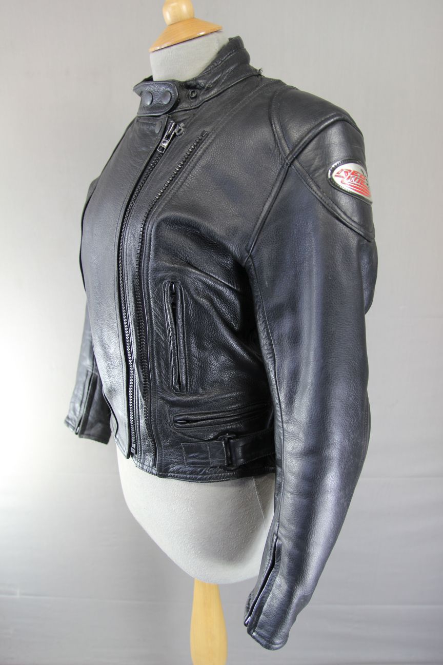 RED KITE BLACK LEATHER BIKER JACKET + BACK, SHOULDER & ELBOW CE ARMOUR: SIZE 12