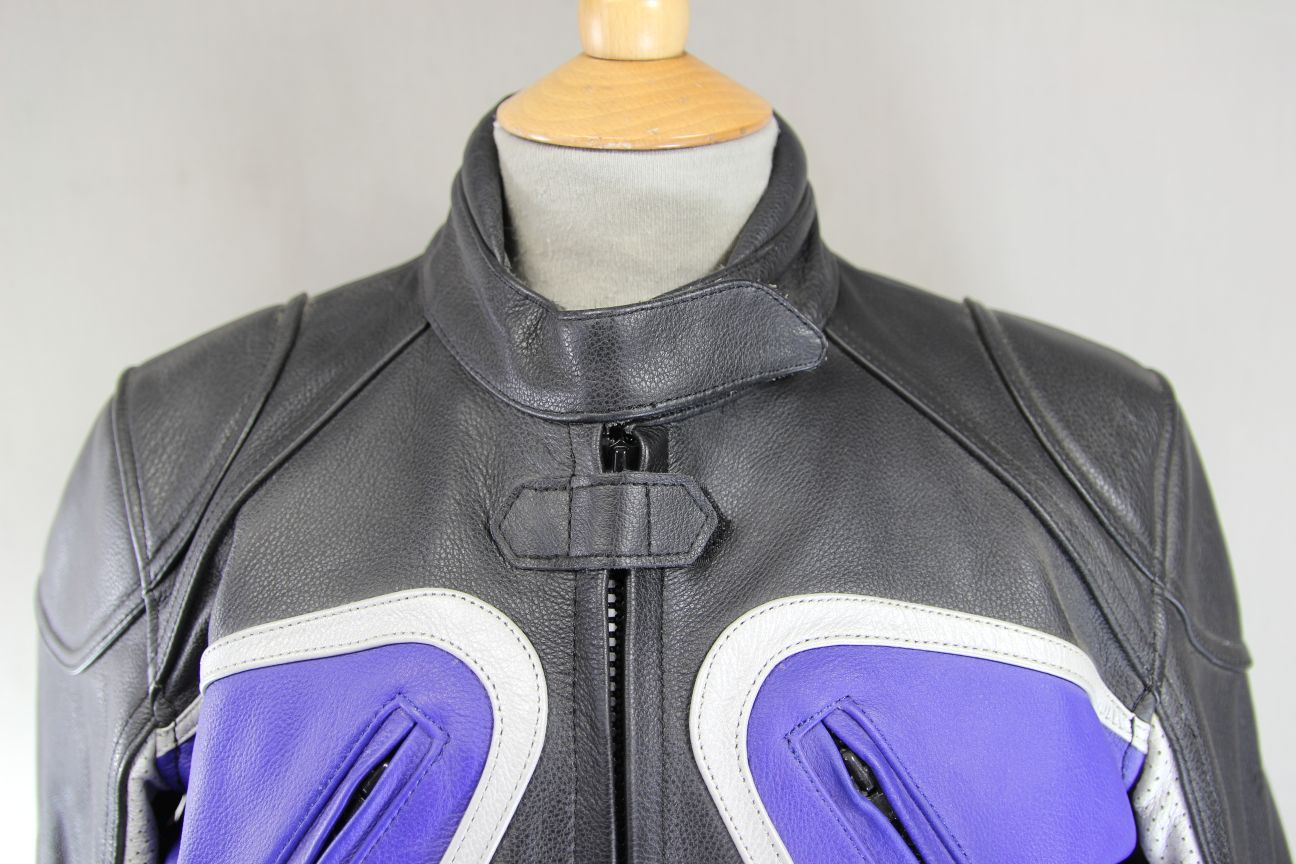 RIDER BLACK, BLUE & SILVER LEATHER BIKER JACKET: SIZE 12/36 INCH CHEST