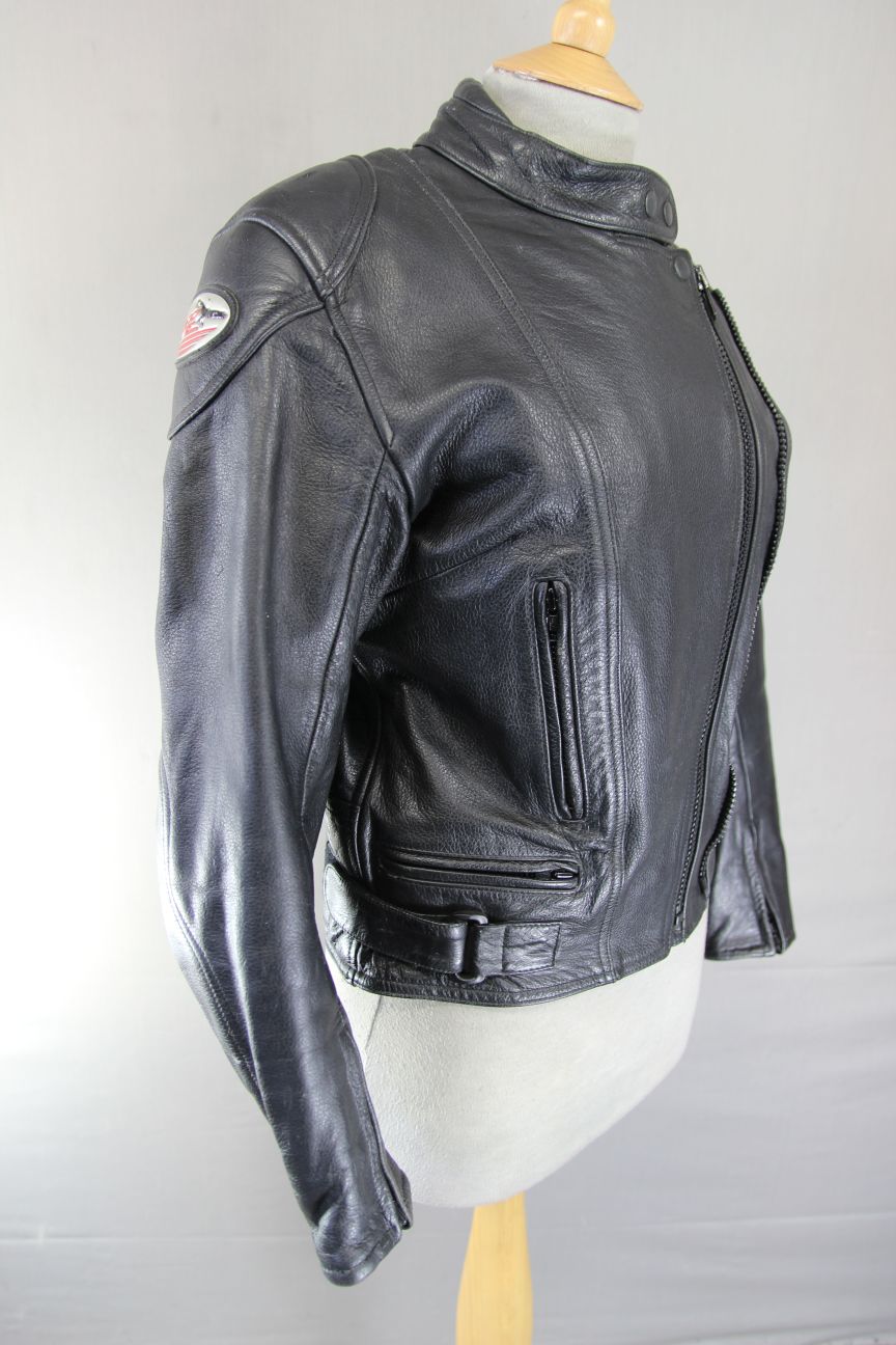 RED KITE BLACK LEATHER BIKER JACKET + BACK, SHOULDER & ELBOW CE ARMOUR: SIZE 12