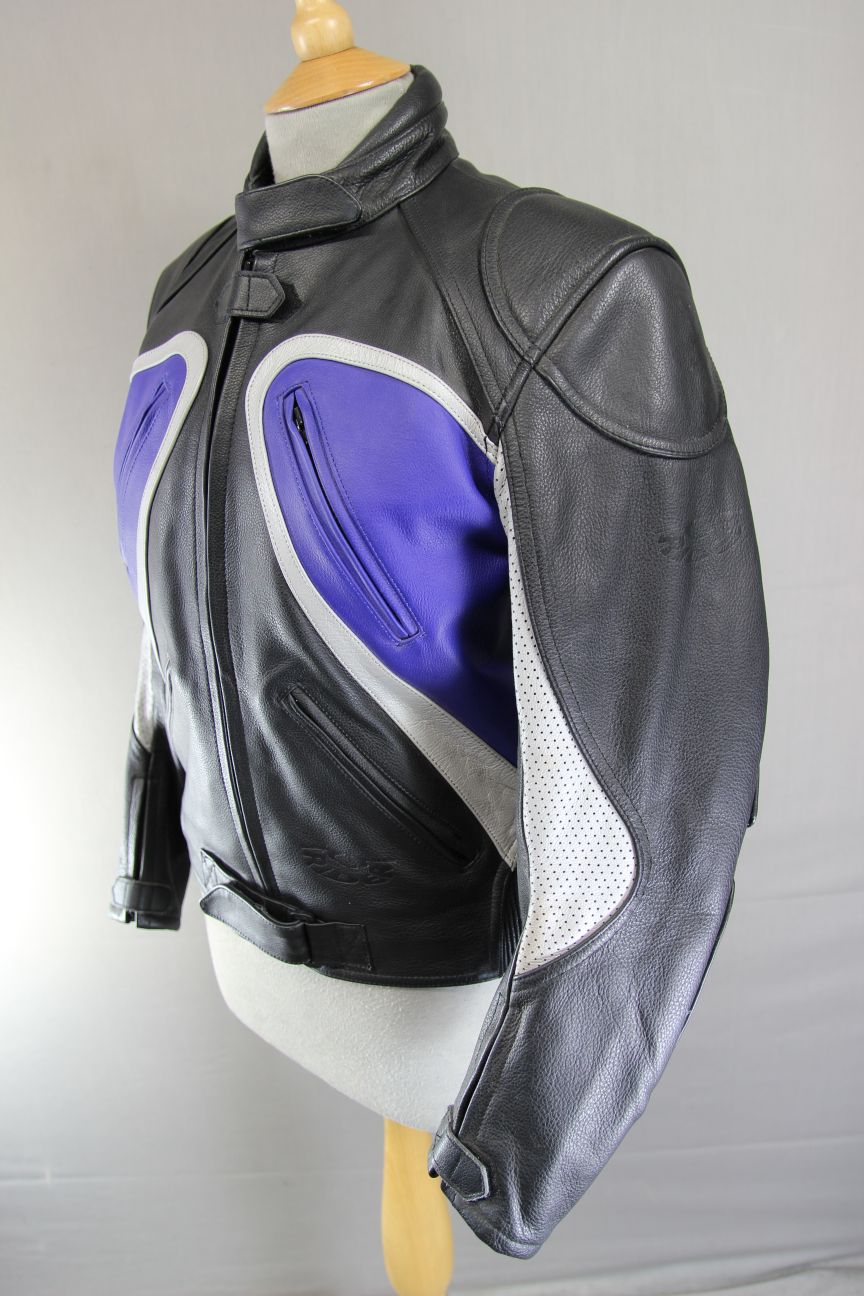 RIDER BLACK, BLUE & SILVER LEATHER BIKER JACKET: SIZE 12/36 INCH CHEST