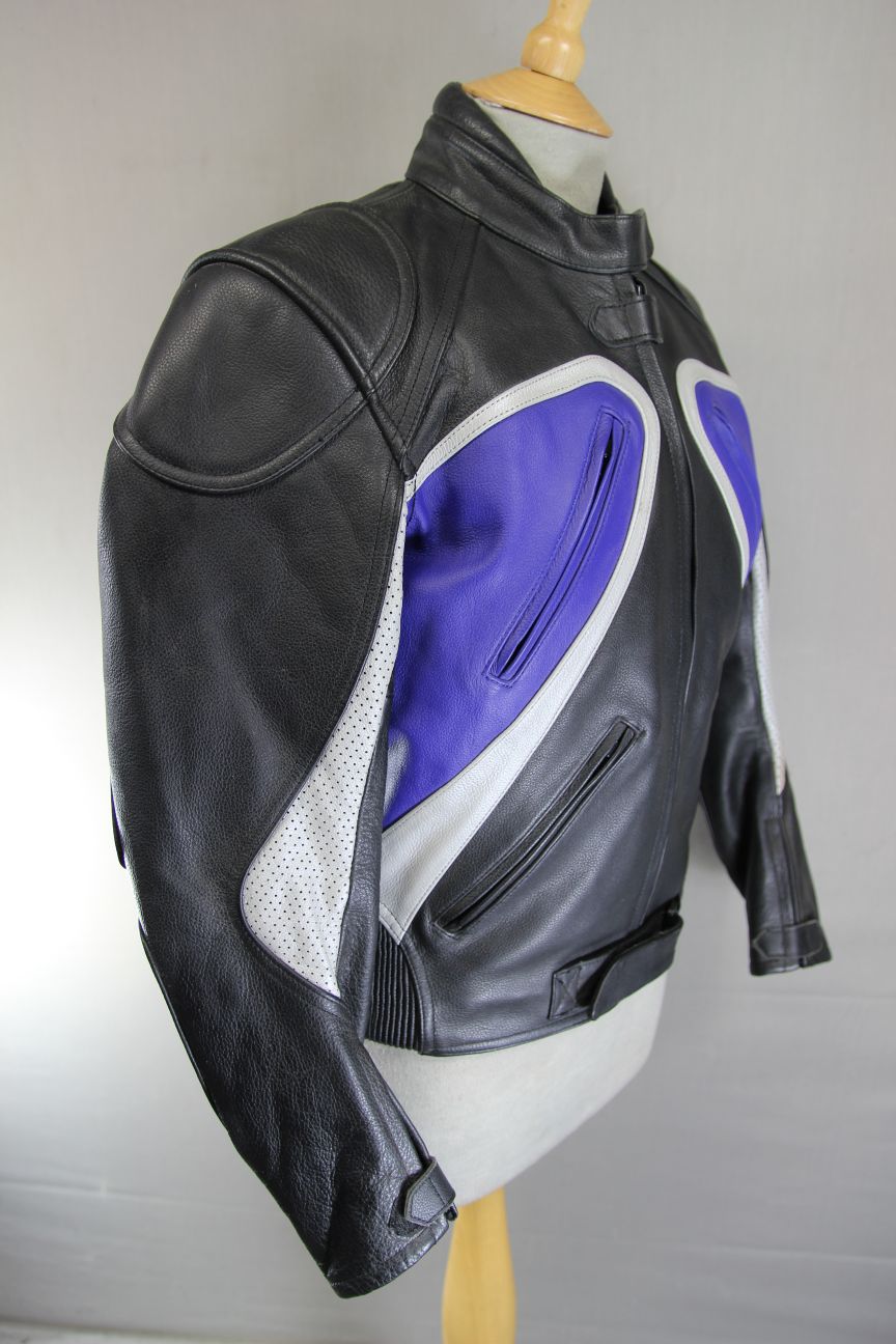 RIDER BLACK, BLUE & SILVER LEATHER BIKER JACKET: SIZE 12/36 INCH CHEST