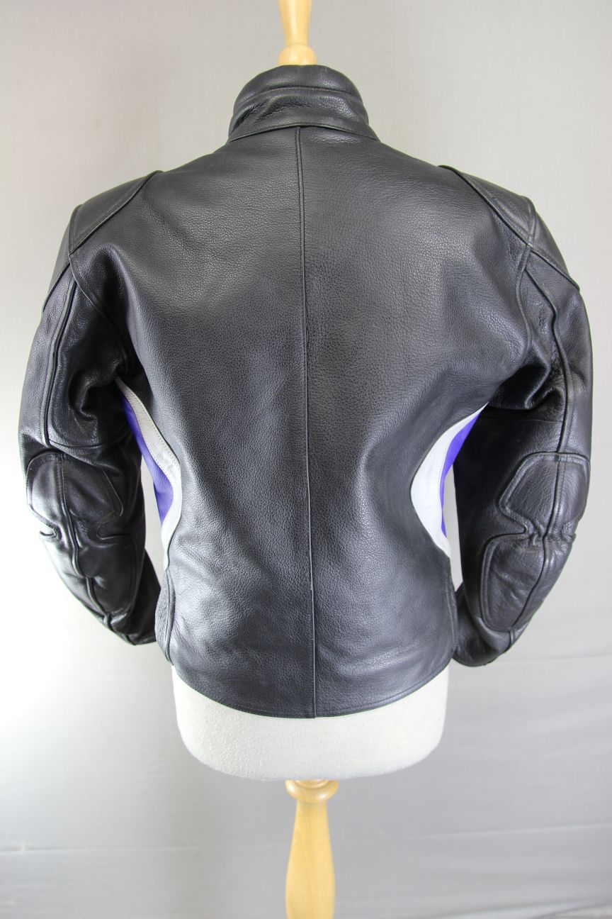 RIDER BLACK, BLUE & SILVER LEATHER BIKER JACKET: SIZE 12/36 INCH CHEST
