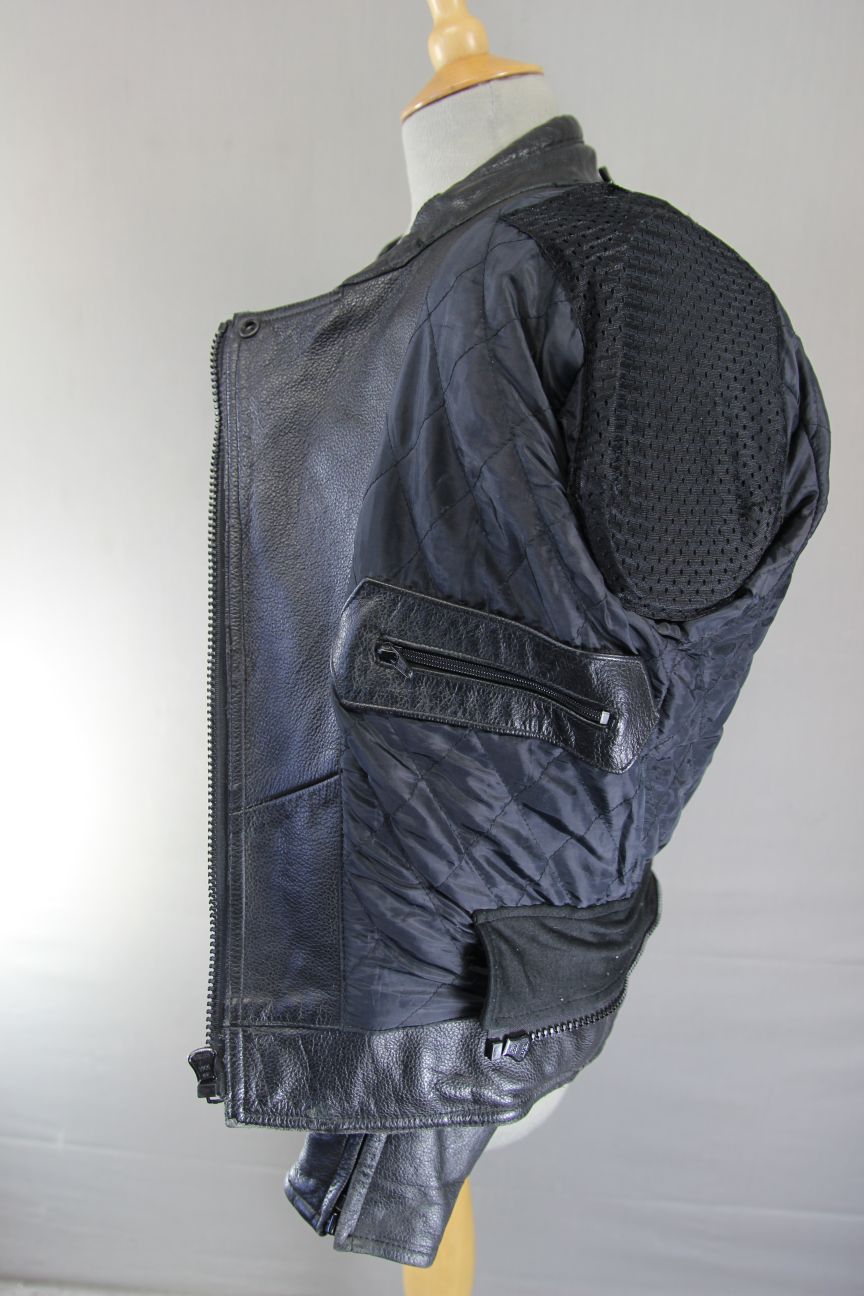 RED KITE BLACK LEATHER BIKER JACKET + BACK, SHOULDER & ELBOW CE ARMOUR: SIZE 12