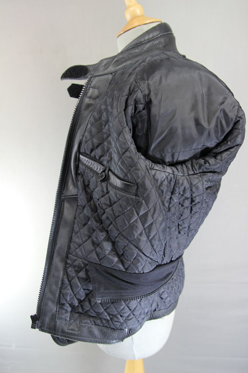 RIDER BLACK, BLUE & SILVER LEATHER BIKER JACKET: SIZE 12/36 INCH CHEST