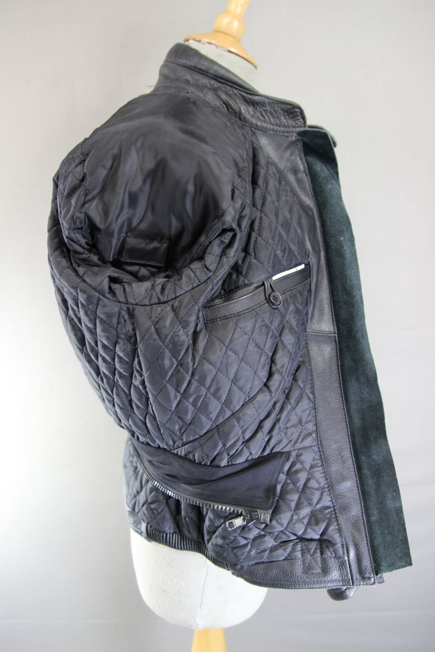 RIDER BLACK, BLUE & SILVER LEATHER BIKER JACKET: SIZE 12/36 INCH CHEST