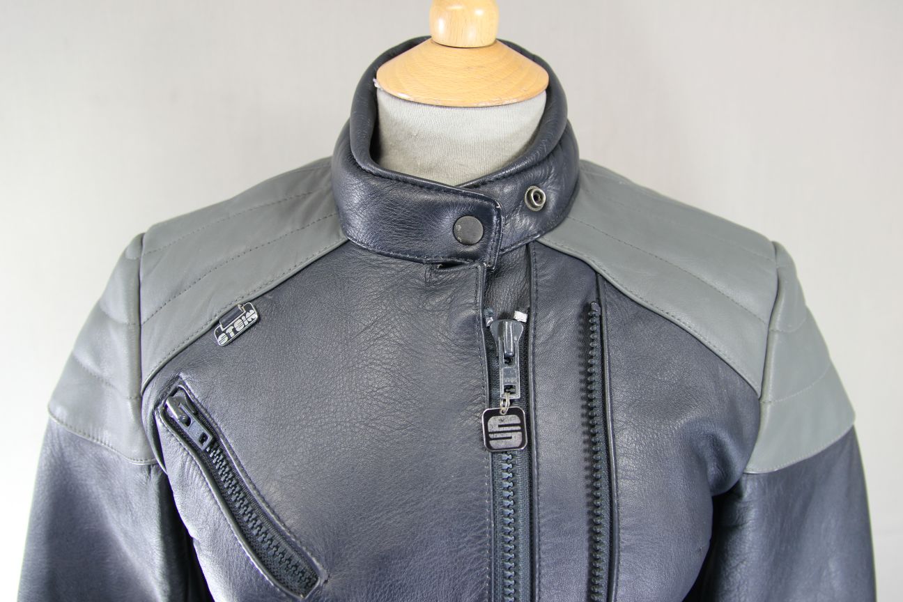 CLASSIC BLUE & GREY STEIN LEATHERS BIKER JACKET: SIZE 12