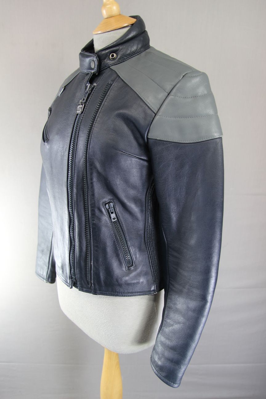 CLASSIC BLUE & GREY STEIN LEATHERS BIKER JACKET: SIZE 12