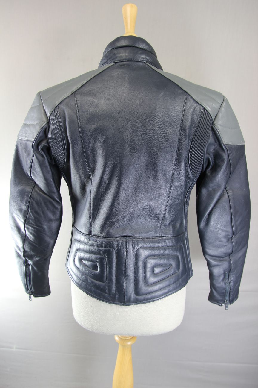 CLASSIC BLUE & GREY STEIN LEATHERS BIKER JACKET: SIZE 12