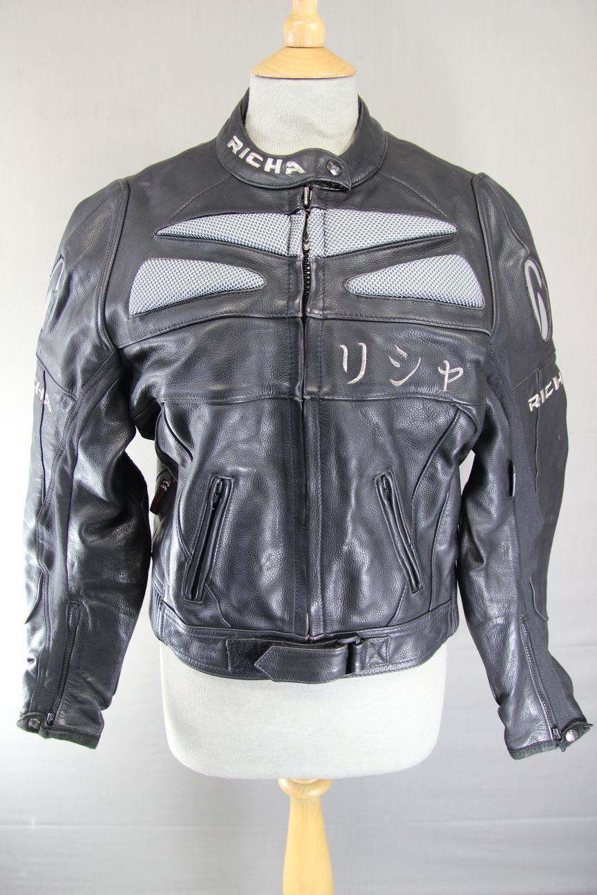 RICHA FORZA 2000 BLACK LEATHER BIKER JACKET: SIZE 12