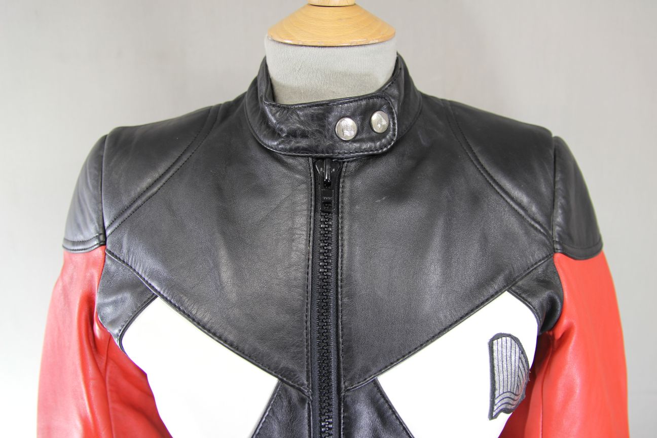 VINTAGE KRAWEHL BLACK, RED & WHITE LEATHER BIKER JACKET 30-32 INCH