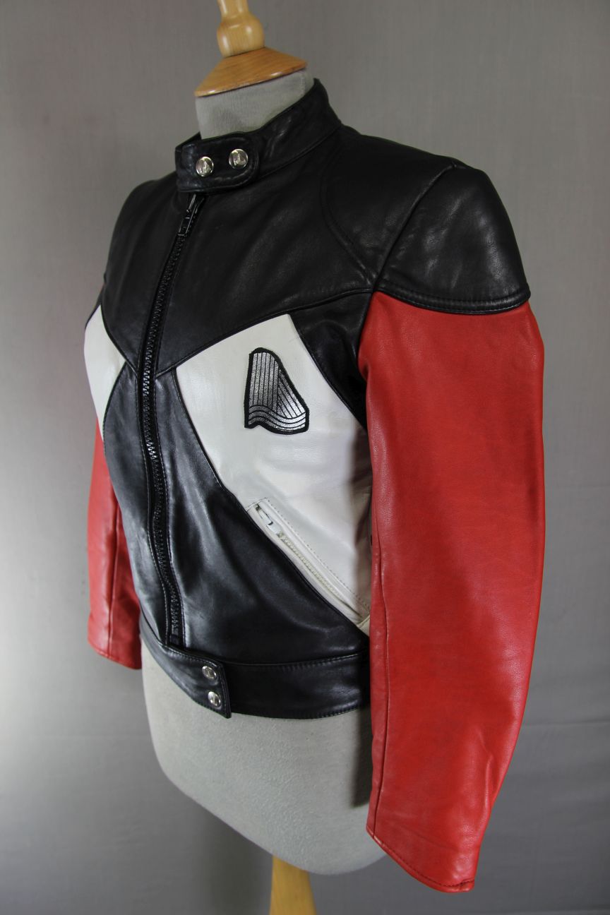 VINTAGE KRAWEHL BLACK, RED & WHITE LEATHER BIKER JACKET 30-32 INCH