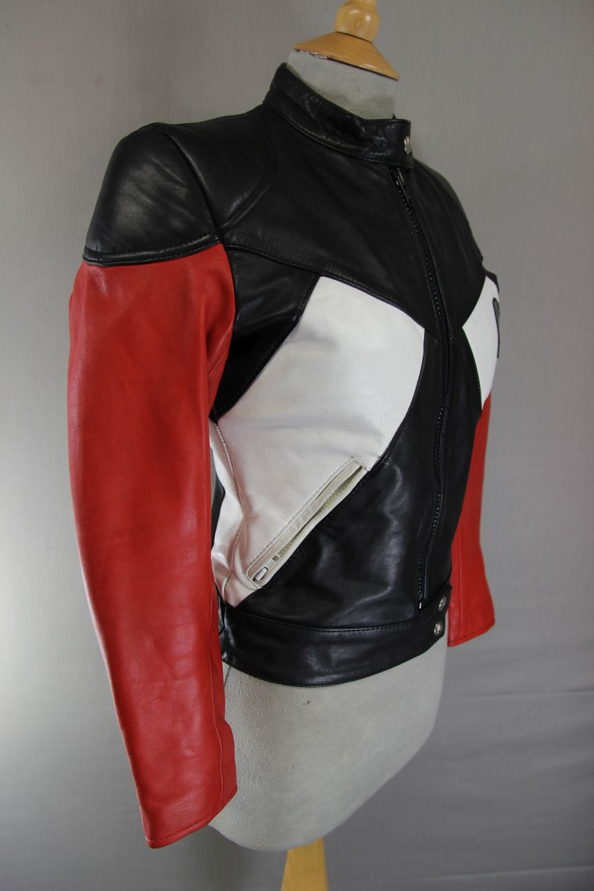 VINTAGE KRAWEHL BLACK, RED & WHITE LEATHER BIKER JACKET 30-32 INCH
