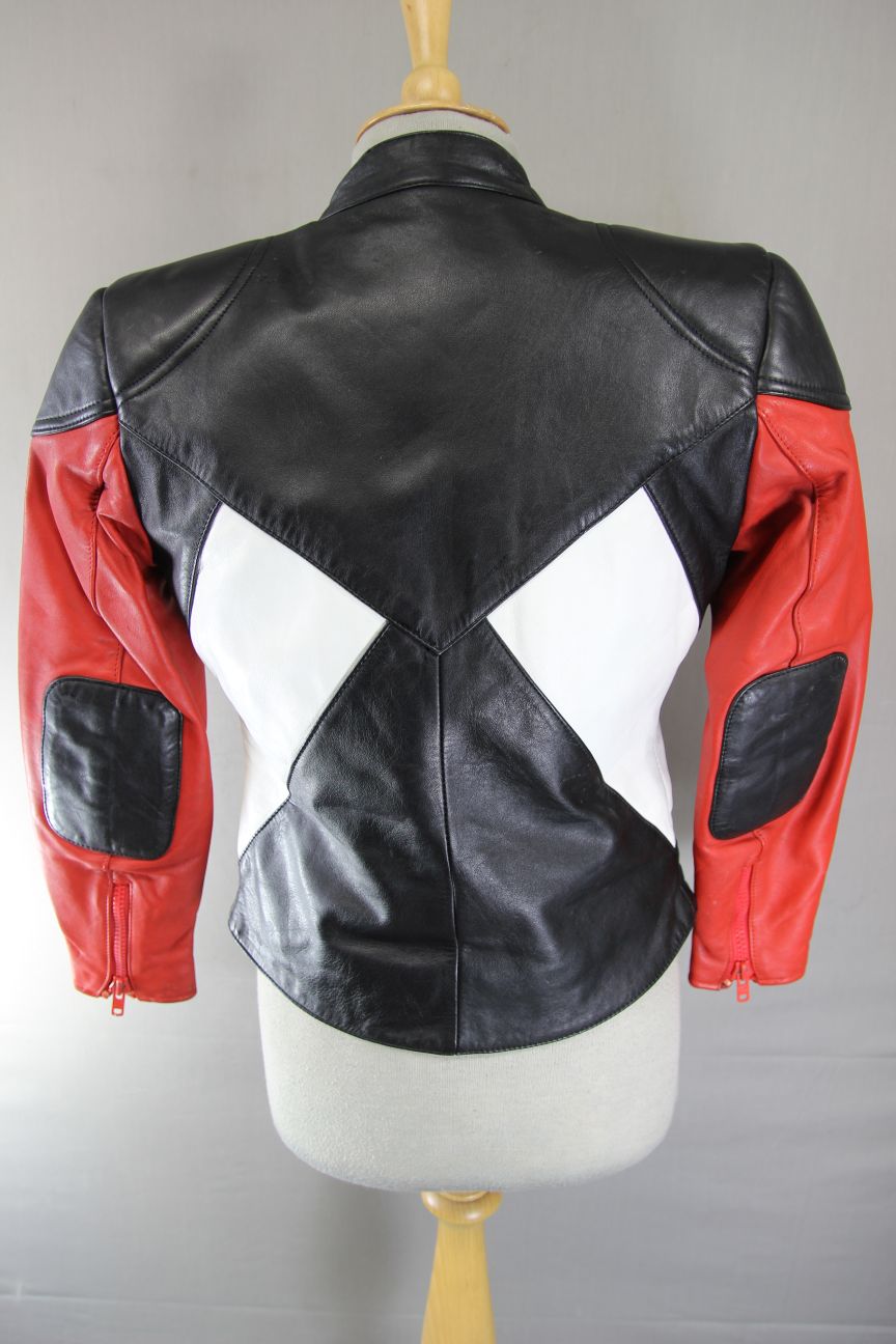 VINTAGE KRAWEHL BLACK, RED & WHITE LEATHER BIKER JACKET 30-32 INCH