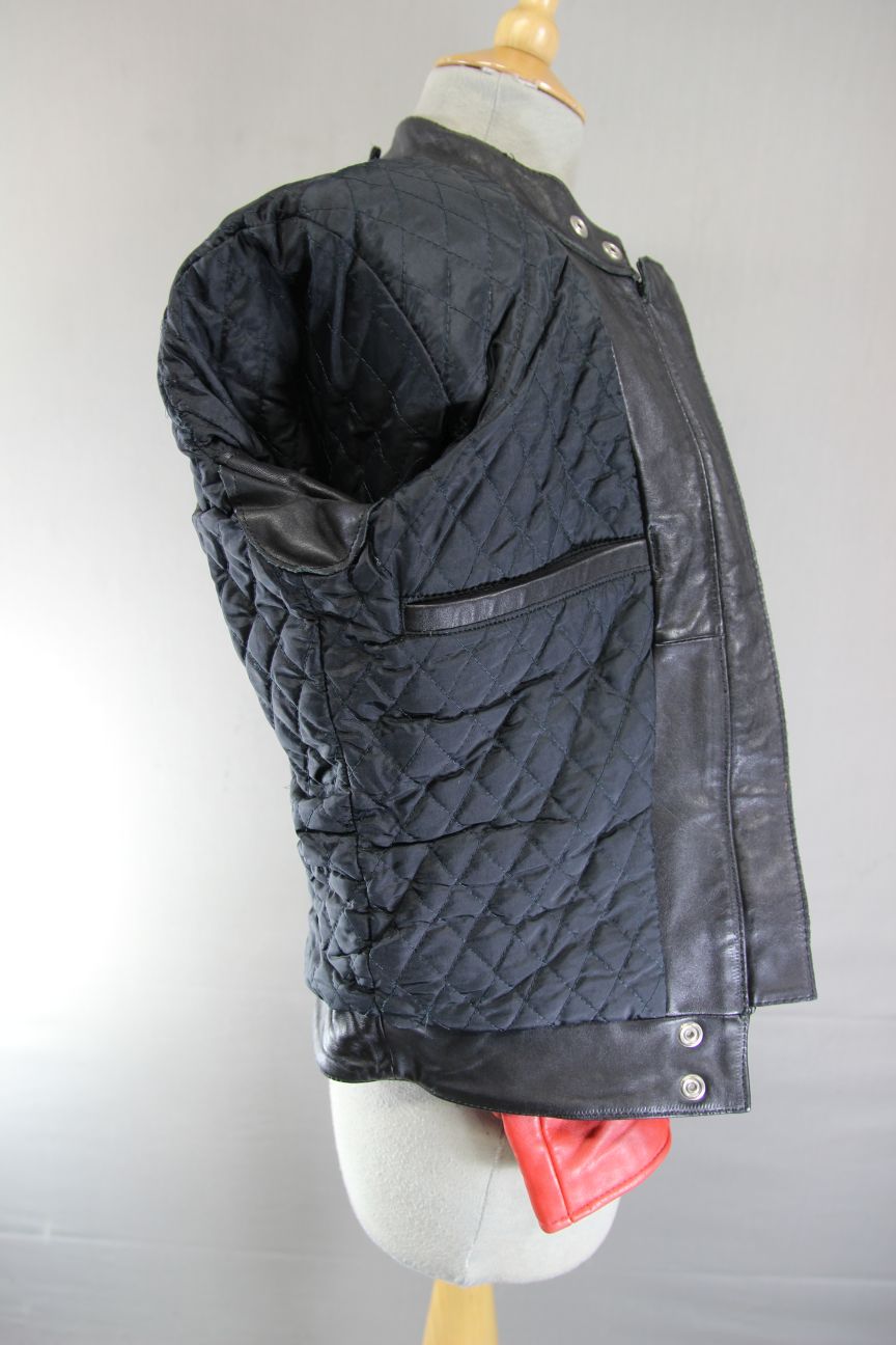 VINTAGE KRAWEHL BLACK, RED & WHITE LEATHER BIKER JACKET 30-32 INCH