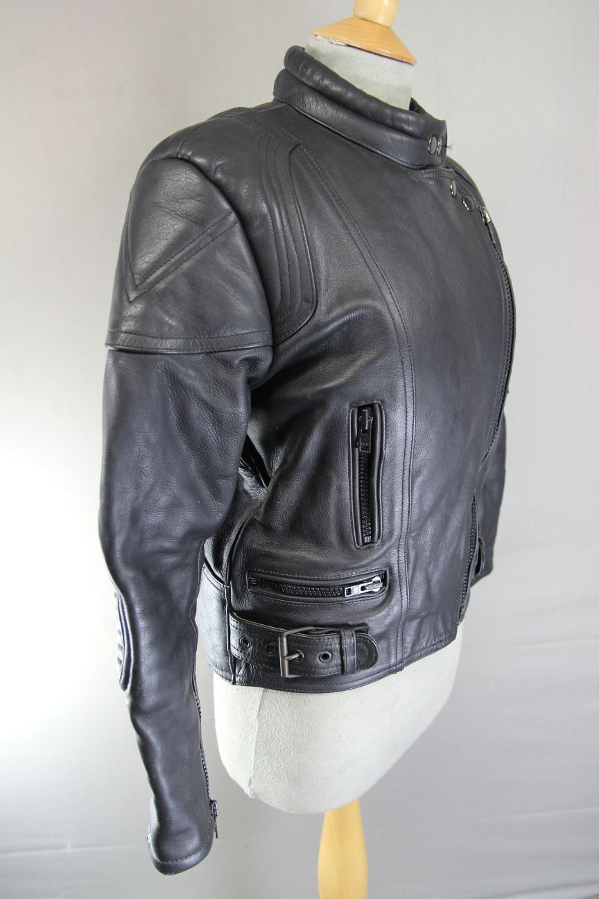 CLASSIC JTS BLACK LEATHER BIKER JACKET: UK SIZE 10/US SIZE XS/EUROPEAN SIZE 34
