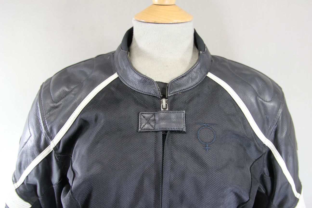 HEIN GERICKE BLACK & WHITE LEATHER & TEXTILE BIKER JACKET WITH CE ARMOUR SIZE 14