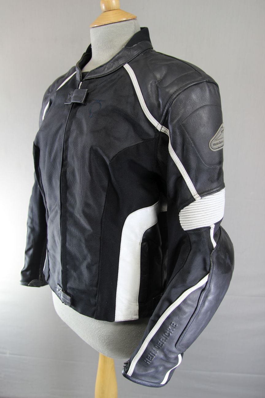 HEIN GERICKE BLACK & WHITE LEATHER & TEXTILE BIKER JACKET WITH CE ARMOUR SIZE 14