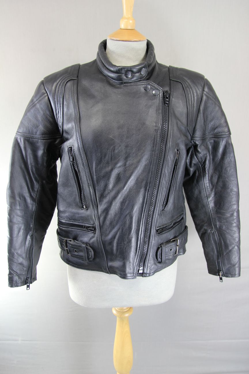 JTS CLASSIC BLACK LEATHER BIKER JACKET 36 INCH CHEST: SIZE 12