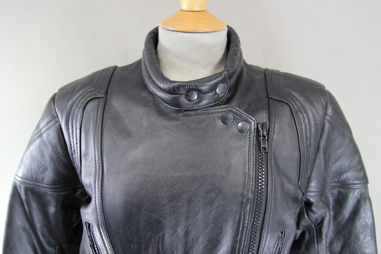 JTS CLASSIC BLACK LEATHER BIKER JACKET 36 INCH CHEST: SIZE 12