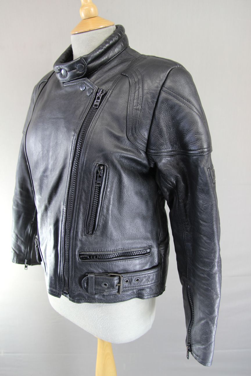 JTS CLASSIC BLACK LEATHER BIKER JACKET 36 INCH CHEST: SIZE 12