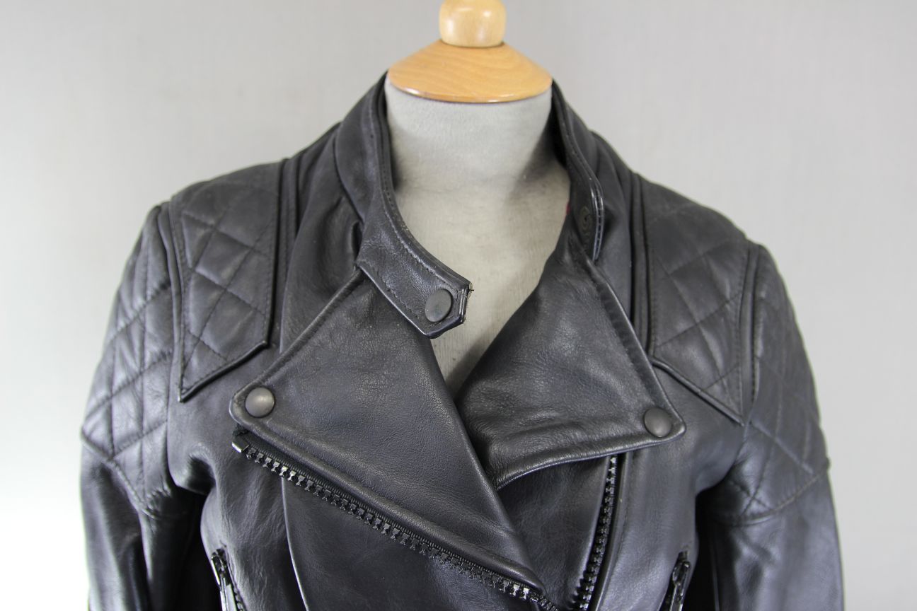 VINTAGE 1970s STYLE PUNK ROCK BLACK WOLF LEATHERS BIKER JACKET: 34-36 IN/SIZE 12