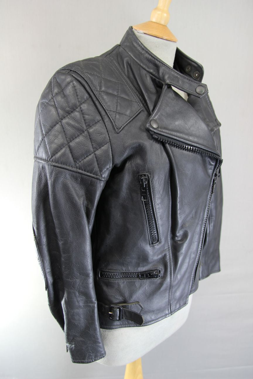 VINTAGE 1970s STYLE PUNK ROCK BLACK WOLF LEATHERS BIKER JACKET: 34-36 IN/SIZE 12
