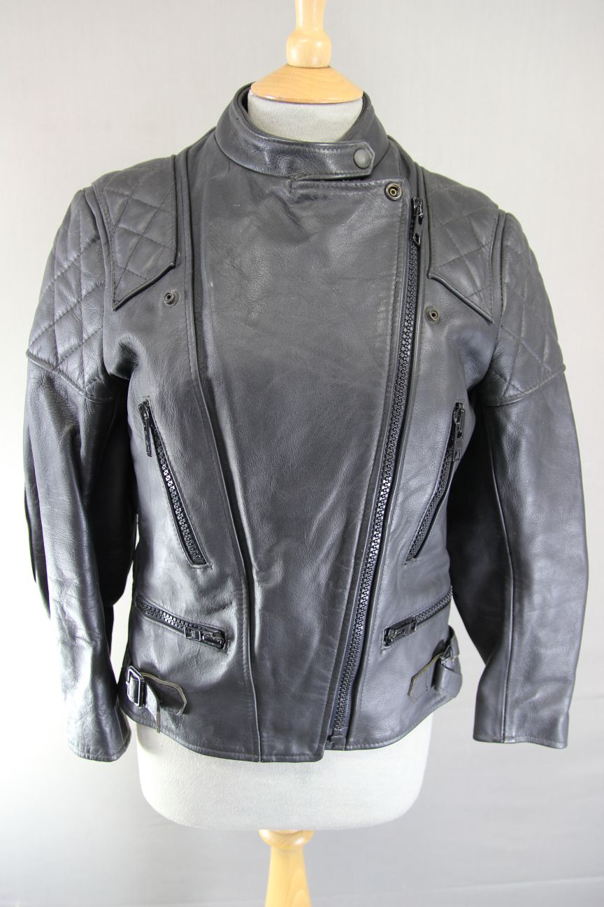 VINTAGE 1970s STYLE PUNK ROCK BLACK WOLF LEATHERS BIKER JACKET: 34-36 IN/SIZE 12