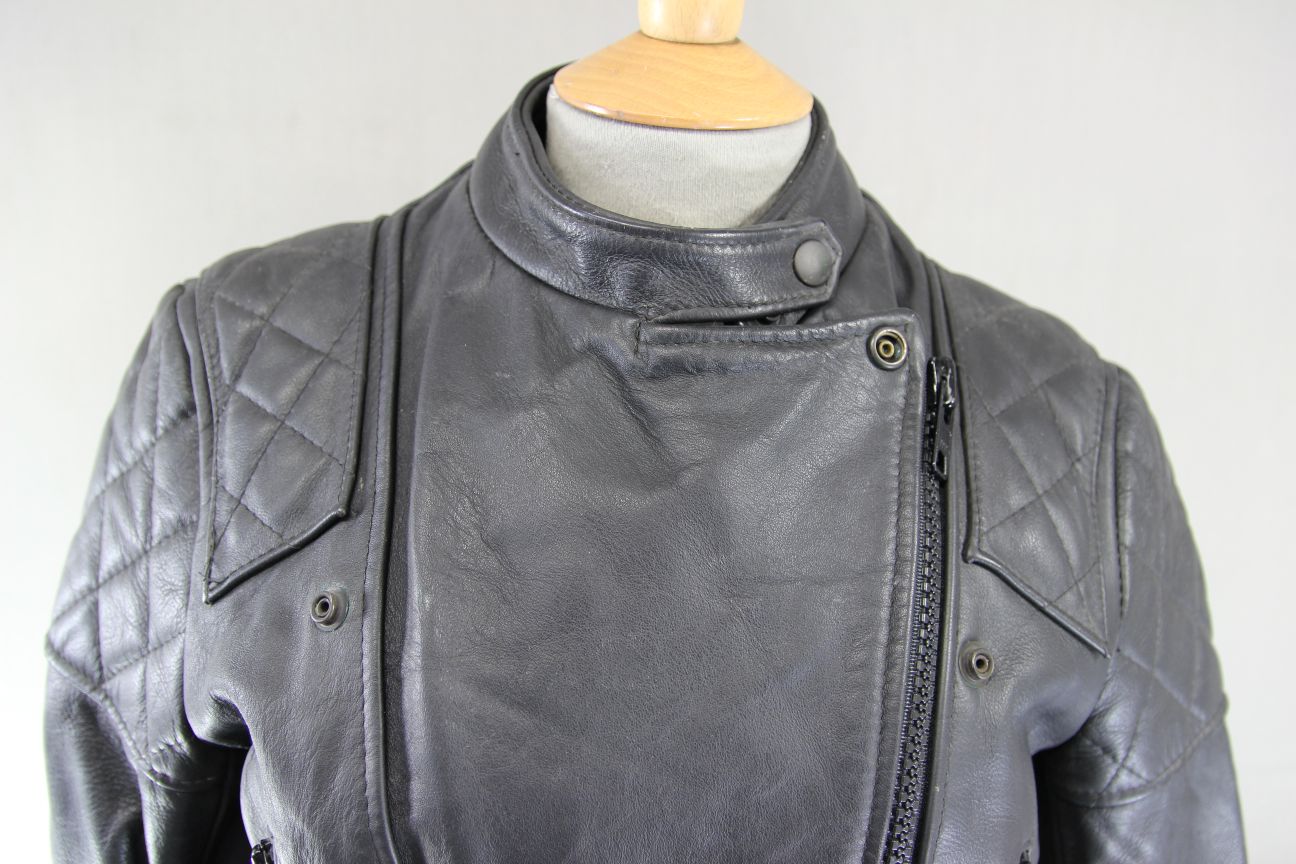 VINTAGE 1970s STYLE PUNK ROCK BLACK WOLF LEATHERS BIKER JACKET: 34-36 IN/SIZE 12
