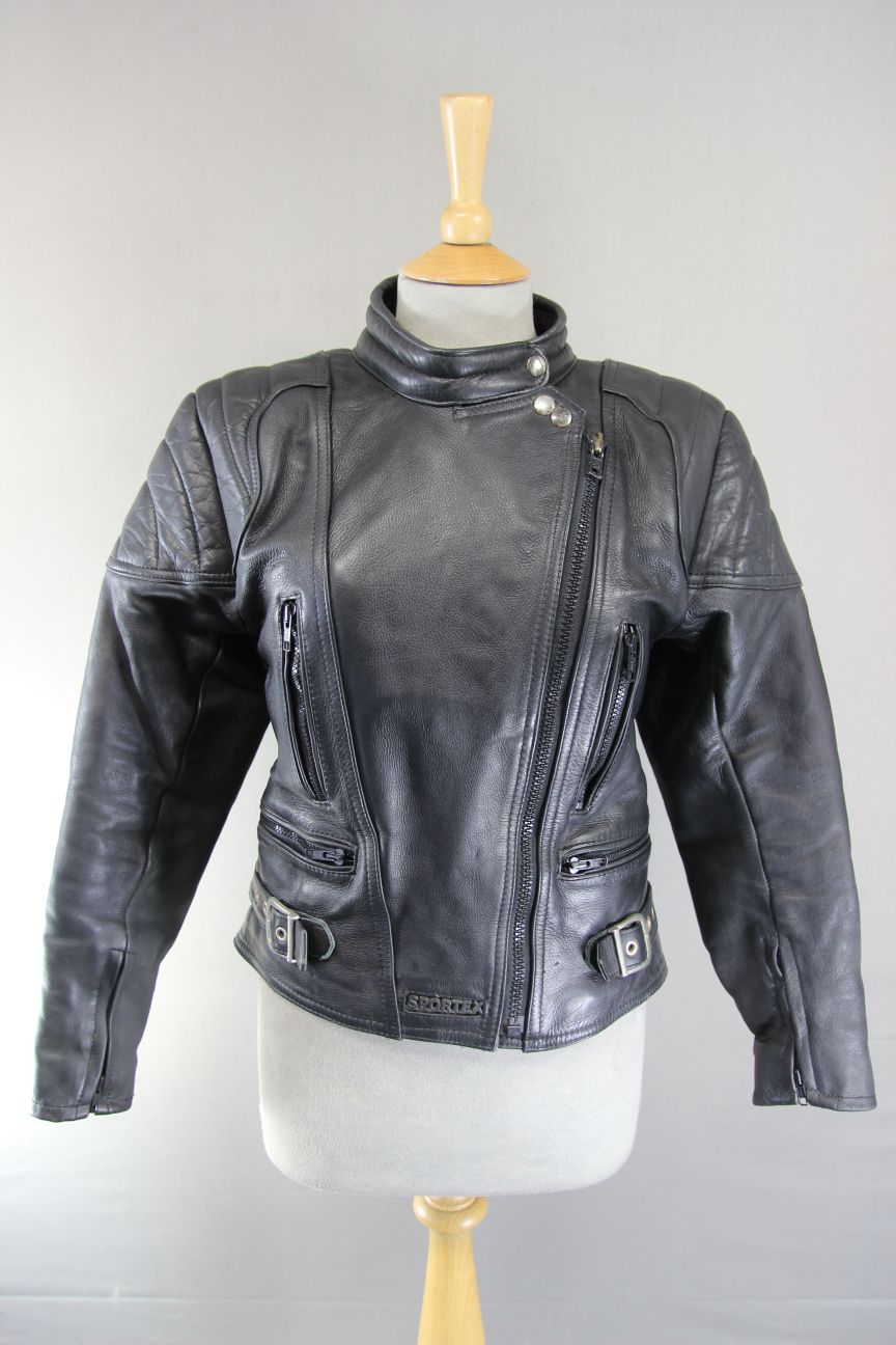 LADIES CLASSIC SPORTEX A5 BLACK LEATHER BIKER JACKET: SIZE 10/32-34 INCHES