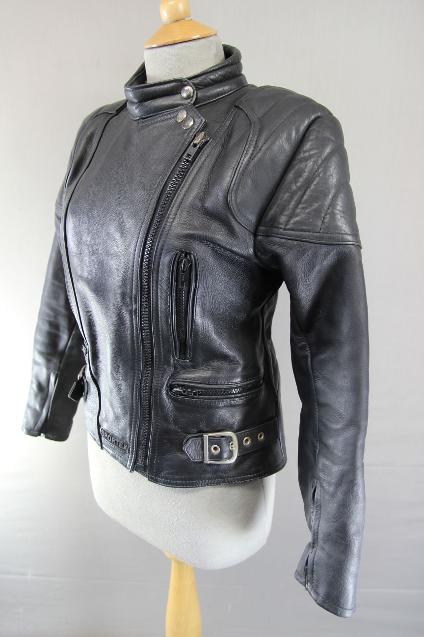 LADIES CLASSIC SPORTEX A5 BLACK LEATHER BIKER JACKET: SIZE 10/32-34 INCHES