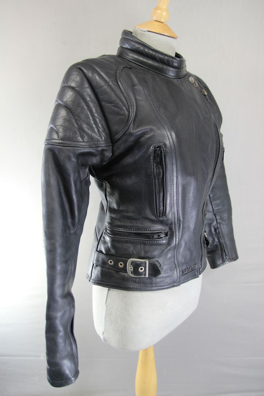 LADIES CLASSIC SPORTEX A5 BLACK LEATHER BIKER JACKET: SIZE 10/32-34 INCHES