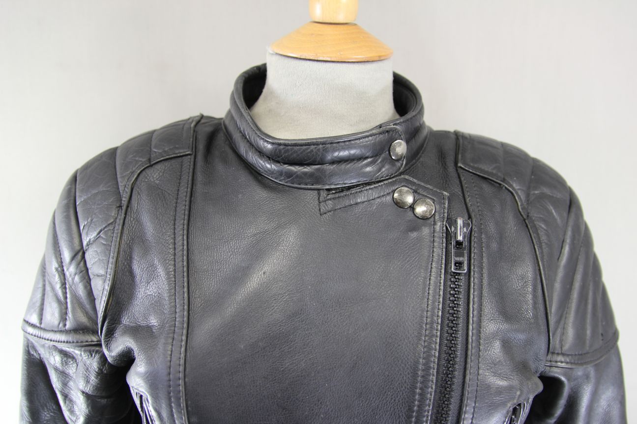 LADIES CLASSIC SPORTEX A5 BLACK LEATHER BIKER JACKET: SIZE 12/34 INCHES