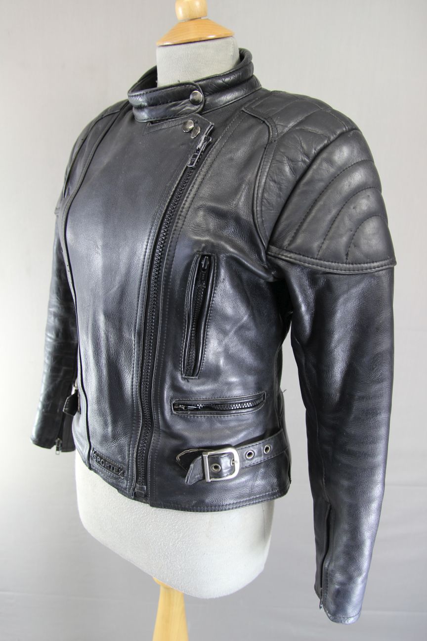 LADIES CLASSIC SPORTEX A5 BLACK LEATHER BIKER JACKET: SIZE 12/34 INCHES