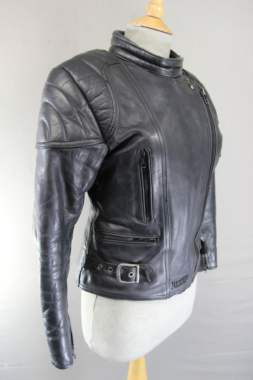 LADIES CLASSIC SPORTEX A5 BLACK LEATHER BIKER JACKET: SIZE 12/34 INCHES