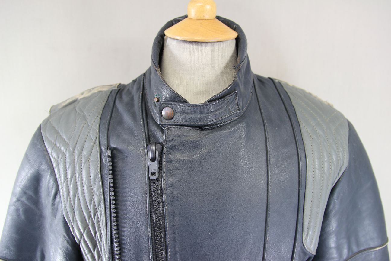 VINTAGE FRANK THOMAS DARK BLUE & GREY LEATHER BIKER JACKET 36-38 INCH CHEST