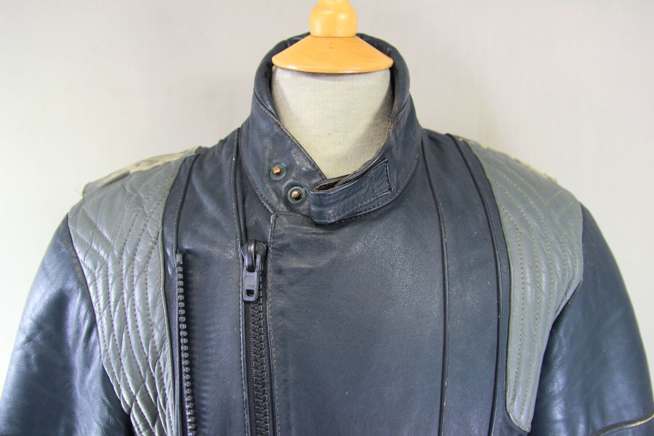 VINTAGE FRANK THOMAS DARK BLUE & GREY LEATHER BIKER JACKET 36-38 INCH CHEST