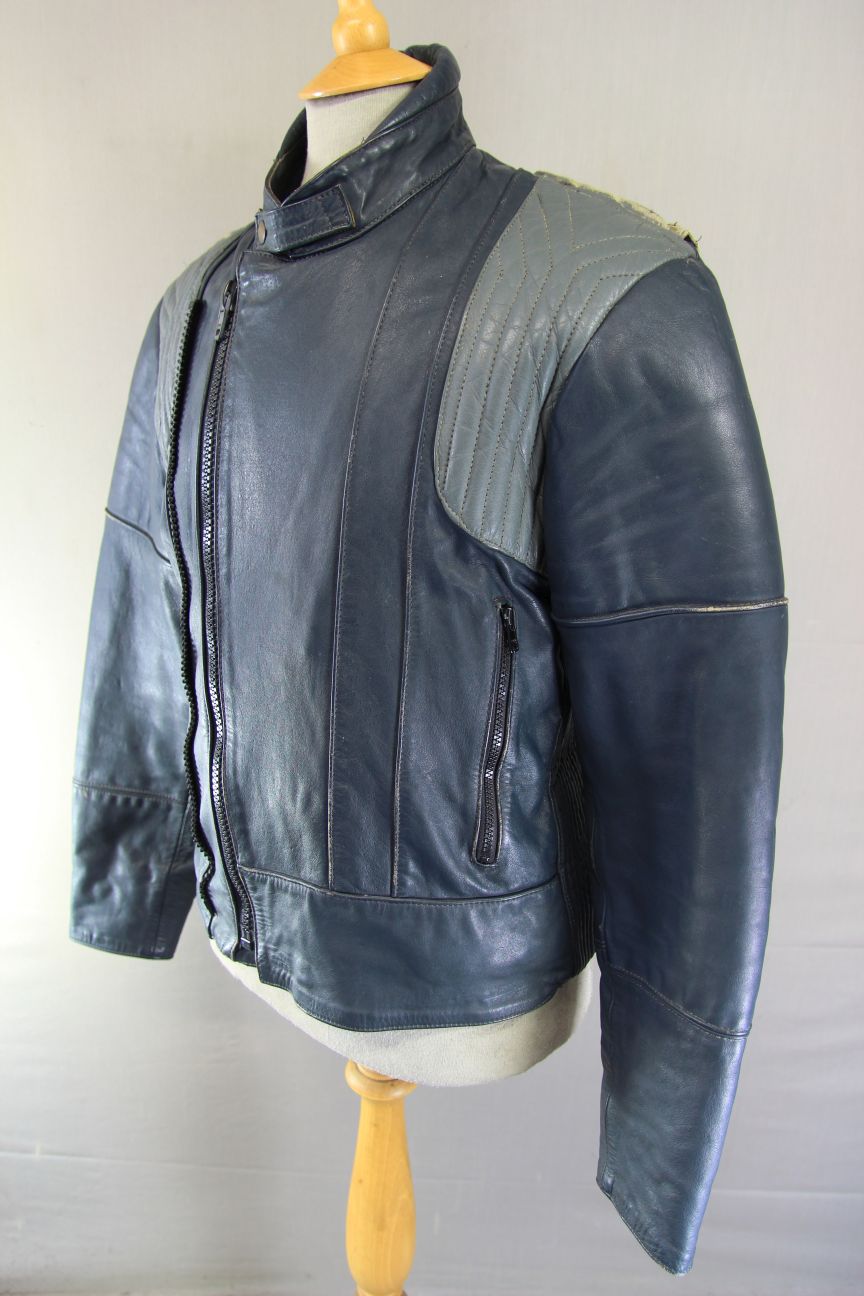 VINTAGE FRANK THOMAS DARK BLUE & GREY LEATHER BIKER JACKET 36-38 INCH CHEST