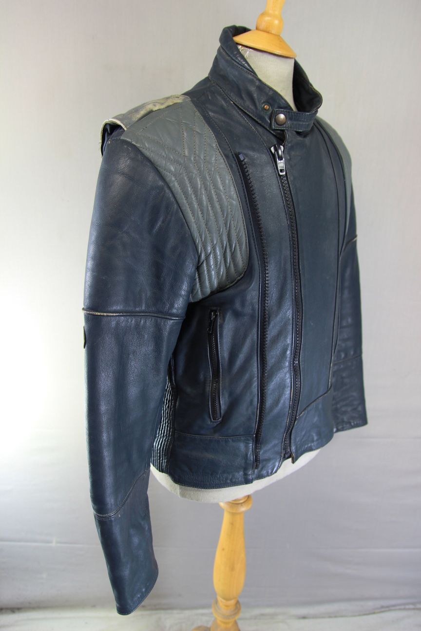 VINTAGE FRANK THOMAS DARK BLUE & GREY LEATHER BIKER JACKET 36-38 INCH CHEST