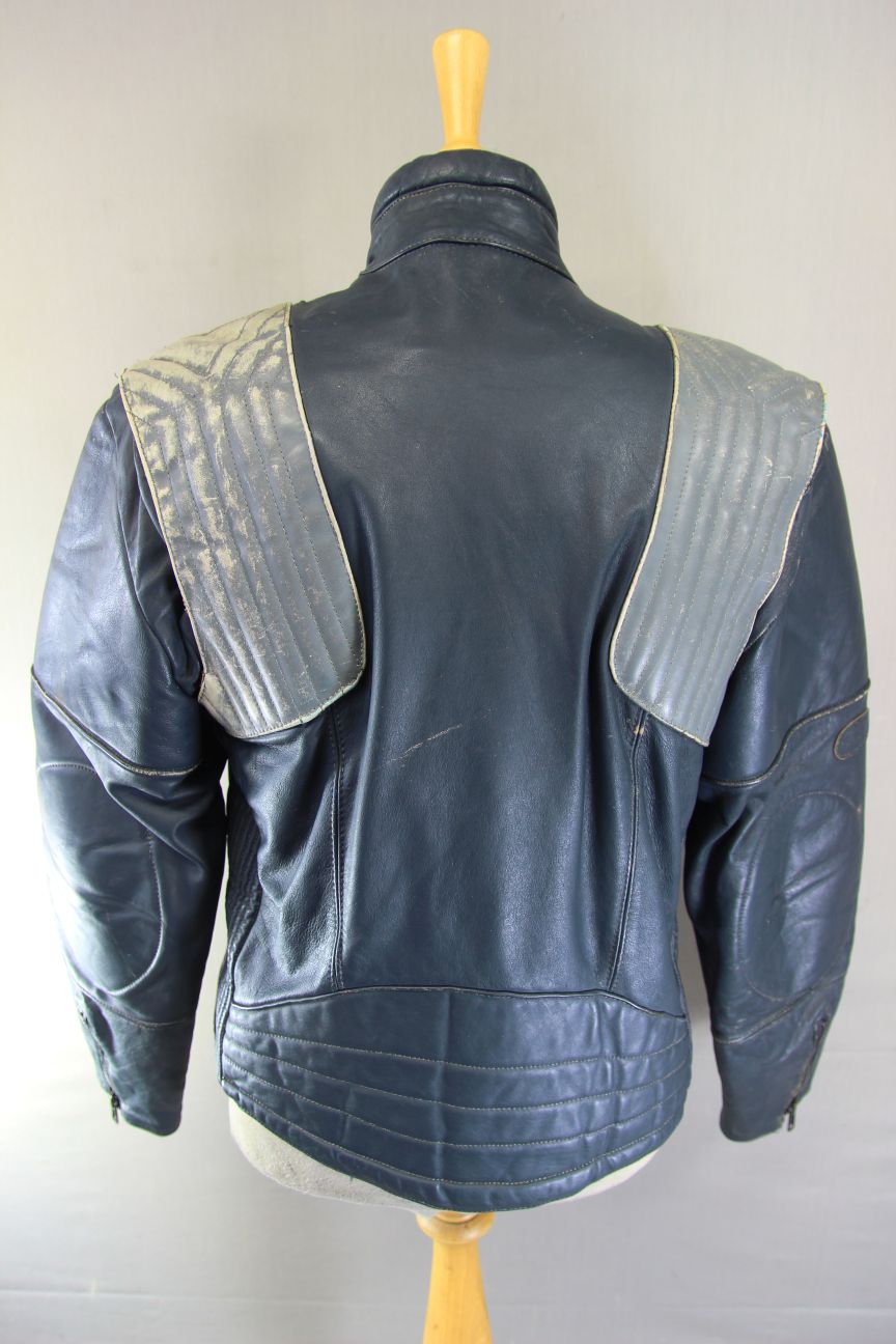 VINTAGE FRANK THOMAS DARK BLUE & GREY LEATHER BIKER JACKET 36-38 INCH CHEST