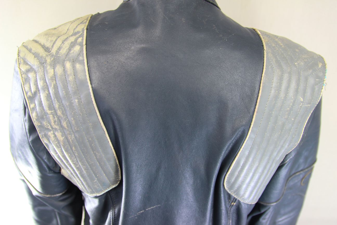 VINTAGE FRANK THOMAS DARK BLUE & GREY LEATHER BIKER JACKET 36-38 INCH CHEST