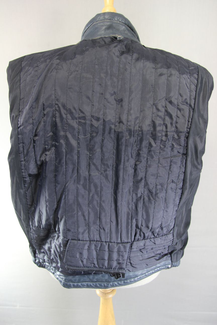 VINTAGE FRANK THOMAS DARK BLUE & GREY LEATHER BIKER JACKET 36-38 INCH CHEST