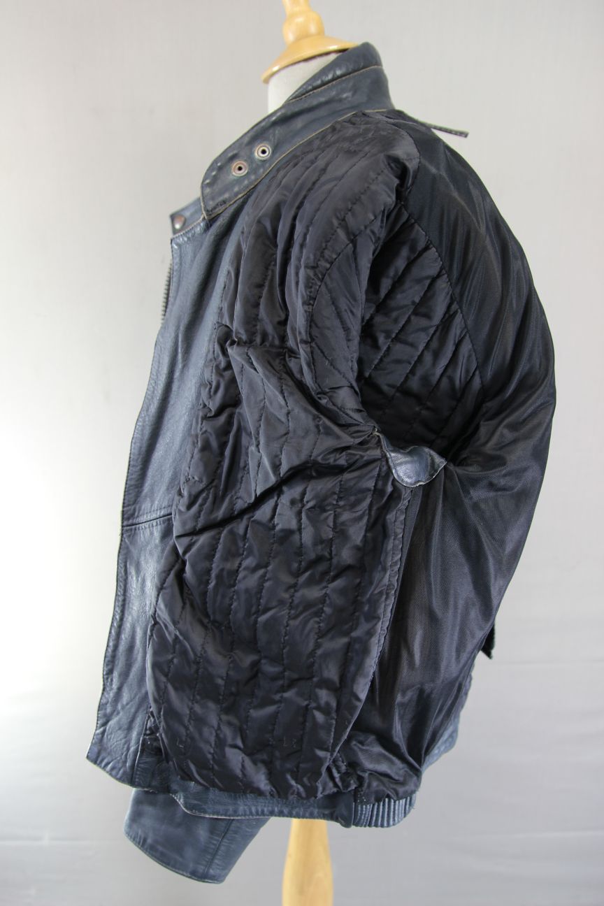 VINTAGE FRANK THOMAS DARK BLUE & GREY LEATHER BIKER JACKET 36-38 INCH CHEST
