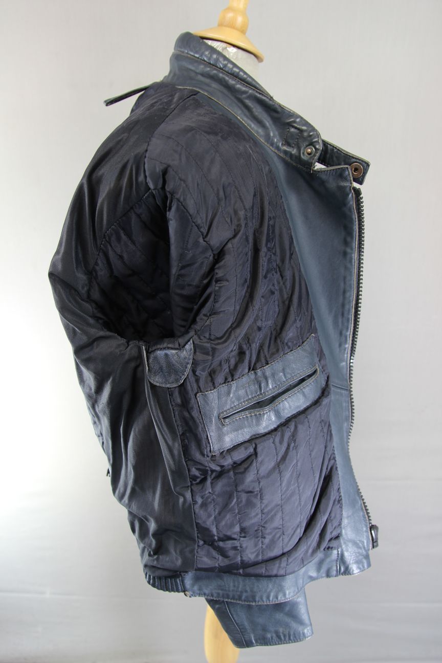 VINTAGE FRANK THOMAS DARK BLUE & GREY LEATHER BIKER JACKET 36-38 INCH CHEST