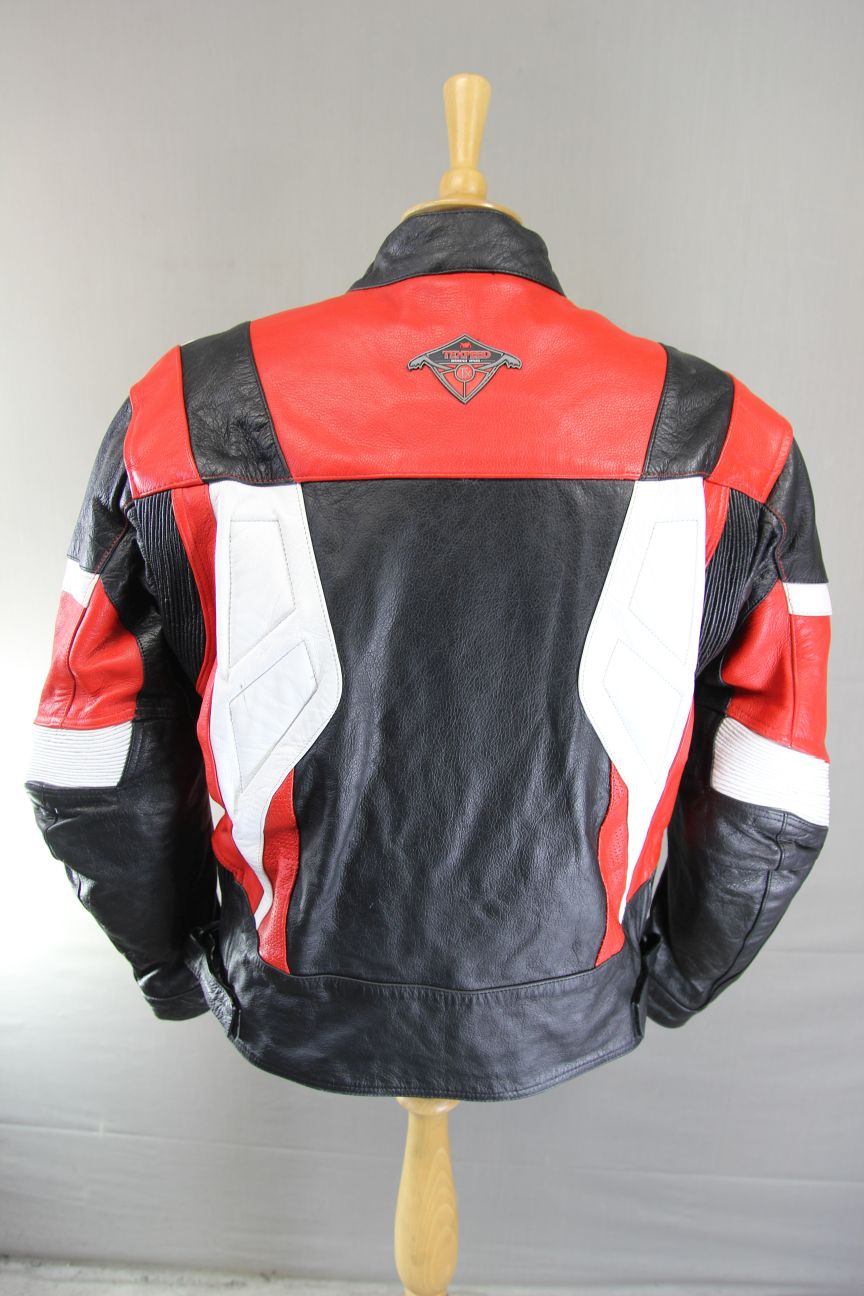 TEXPEED BLACK, RED & WHITE LEATHER BIKER JACKET WITH CE ARMOUR 44-46 IN/X LARGE
