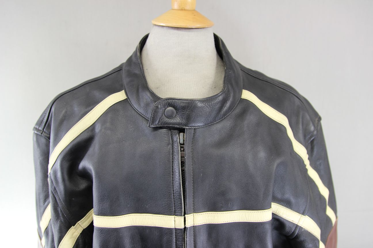 JTS BLACK, BROWN & CREAM LEATHER BIKER JACKET 46-48 INCH