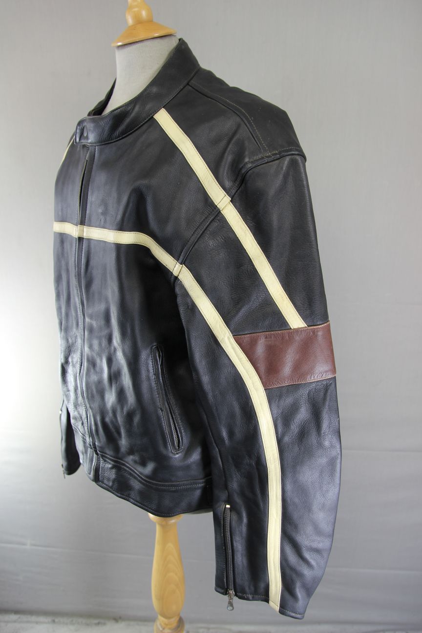 JTS BLACK, BROWN & CREAM LEATHER BIKER JACKET 46-48 INCH