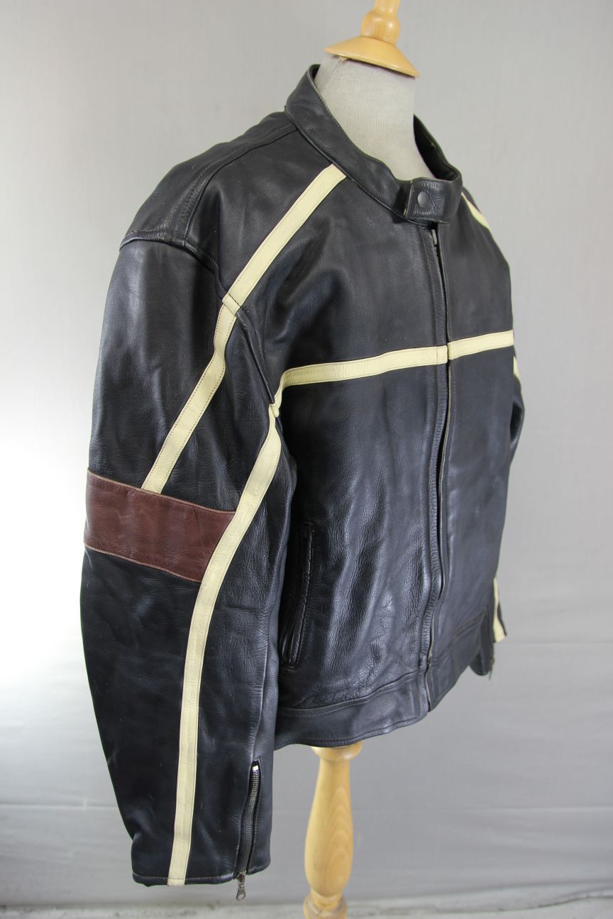 JTS BLACK, BROWN & CREAM LEATHER BIKER JACKET 46-48 INCH