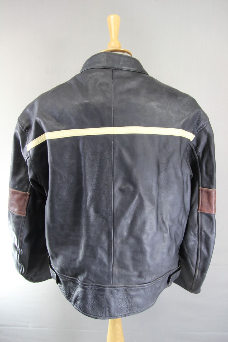 JTS BLACK, BROWN & CREAM LEATHER BIKER JACKET 46-48 INCH