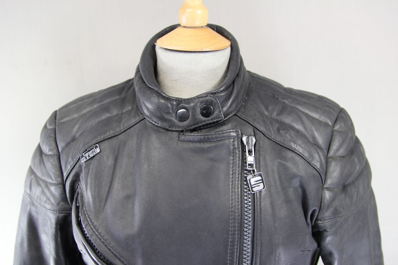 CLASSIC BLACK STEIN LEATHERS LADIES BIKER JACKET: SIZE 14/36 INCH CHEST